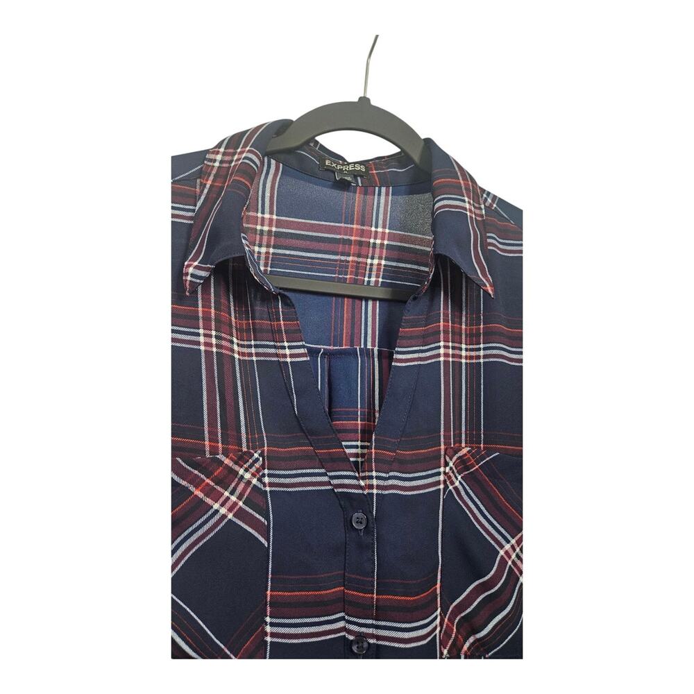 Express Womens XL Blouse Blue Plaid V-Neck Collar Roll Tab Sleeves Button-Up - Picture 3 of 8